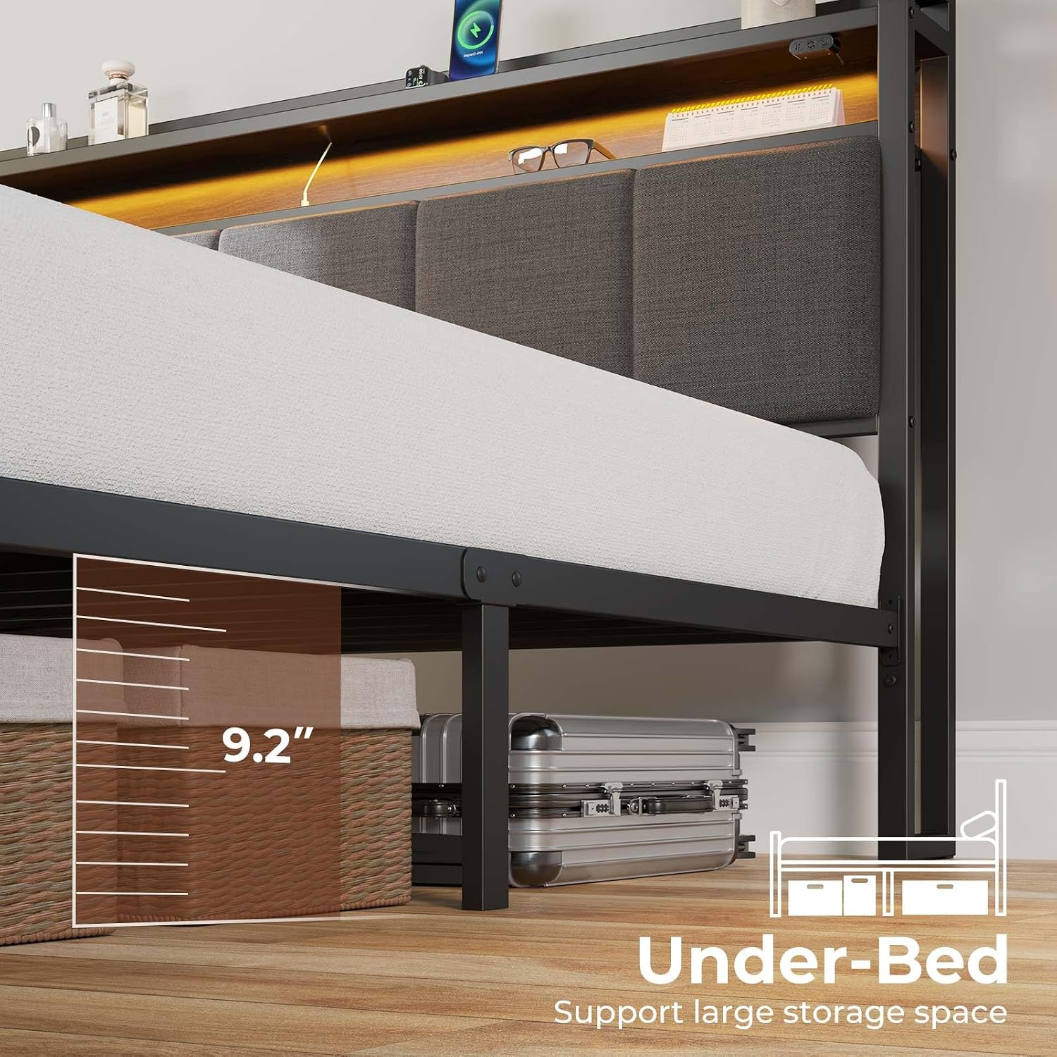 Rolanstar Queen Bed Frame with LED Lights, Upholstered Headboard, Charging Station, Storage Shelves, Heavy Duty Metal Slats, No Box Spring Needed, Noise Free, Easy Assembly, Dark Grey