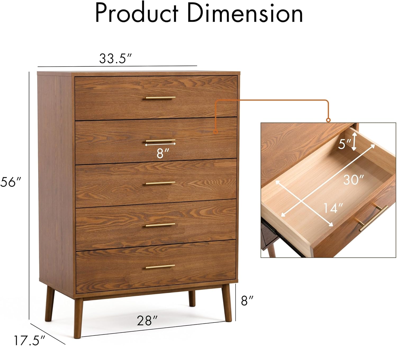 Furniture of America Wyatt Modern Solid Wood Bedroom Collection with Queen Bed Frame, Nightstands, Dresser with Mirror, Chest, No Box Spring Needed, Walnut, Standard Platform, 6-Piece Set