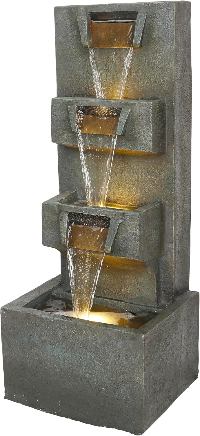 Alpine Corporation TZL406 33' 3 Tier Basin Cascading Fountain with LED Lights, Outdoor Water Feature for Garden, Patio, Backyard & Home Decor, Elegant Waterfall Design, Gray