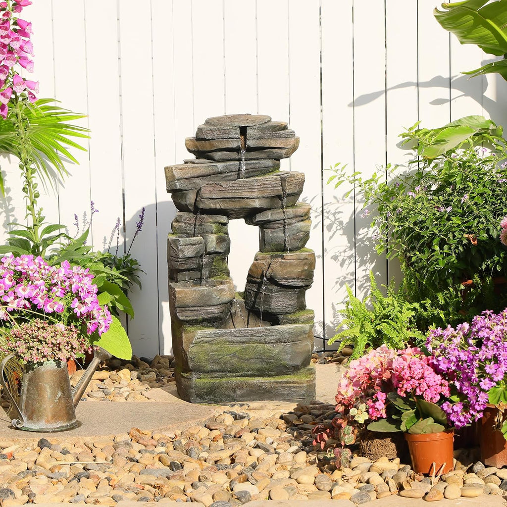 26.4' Outdoor Water Fountain with LED Lights, Stacked Rock Waterfall Fountain, Resin Garden Water Feature for Arch Design, Freestanding Patio, Yard