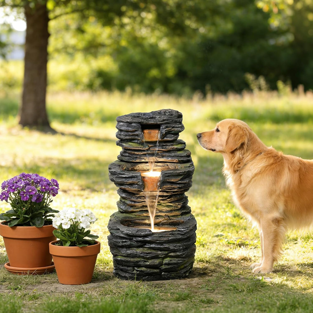 28.8' Tall Rock Water Fountain Outdoor Garden, 3-Tiers Cascading Rock Natural Waterfall Fountains with LED Lights, Indoor Resin Water Feature Fountain for Patio, Backyard, Deck, Porch