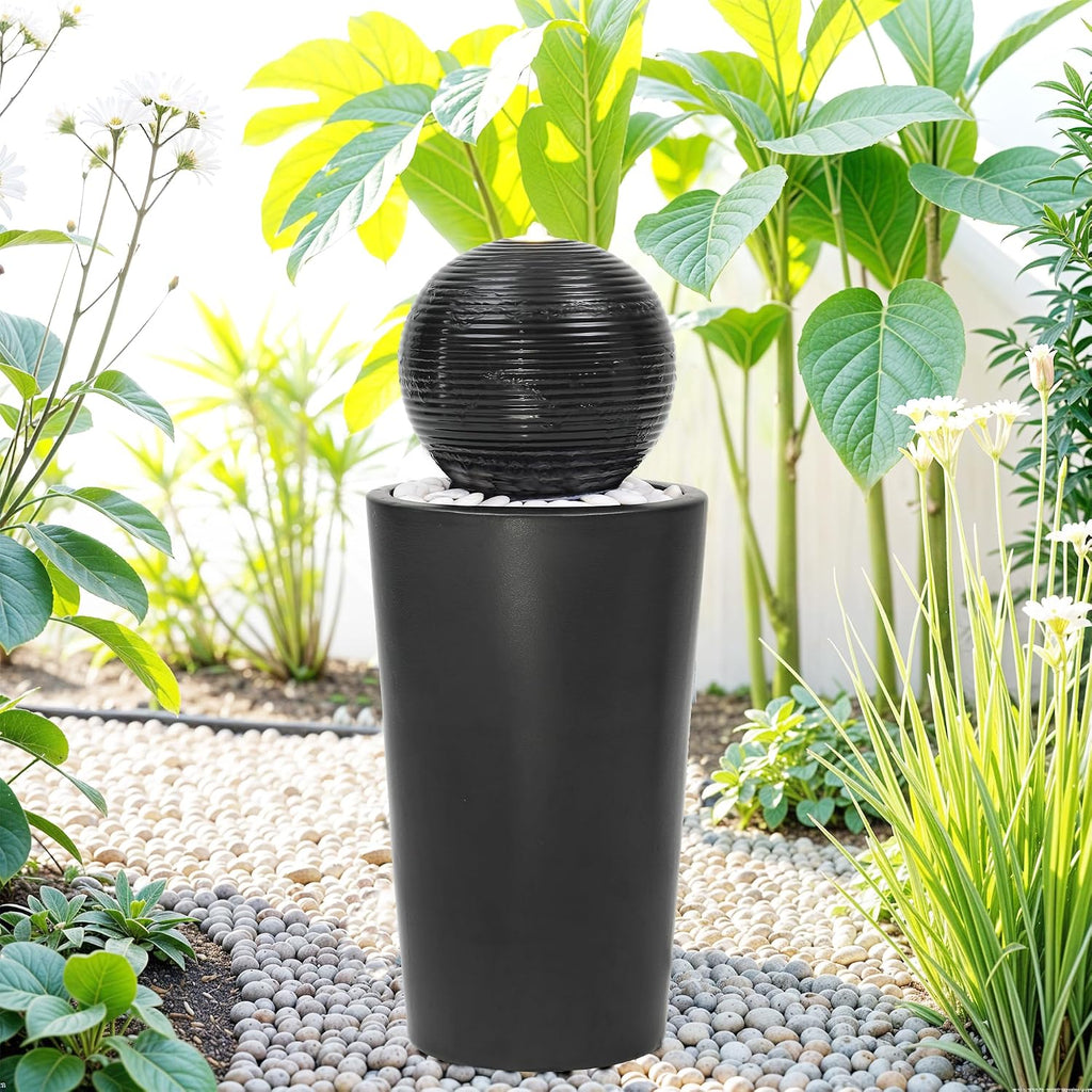 30' H Ceramic Sphere Water Fountain with LED Light, Modern Minimalist Design, Black Glaze with White Pebbles, Soothing Trickling Water Feature, Adding Artistic Charm & Tranquil Ambiance