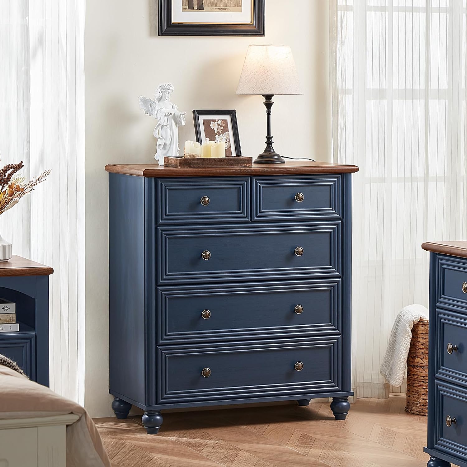 Farmhouse Dressers & Night Stand Set of 3, Wood 54' Wide 7 Drawer Dresser & 35.5'Tall Chest of Drawers, 18' with Charging Station Nightstand, Bedroom Furniture Dresser Set for Home Living Room Hallway