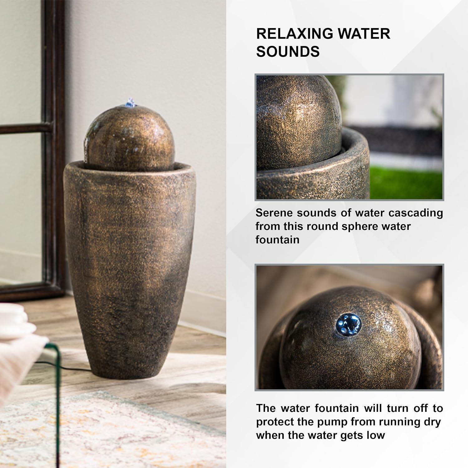 XBrand 25.98' Modern Sphere Water Fountain with LED Light – Indoor Outdoor Stone Texture Floor Fountain, Zen Bubbling Ball Water Feature for Garden Patio Porch - Bronze