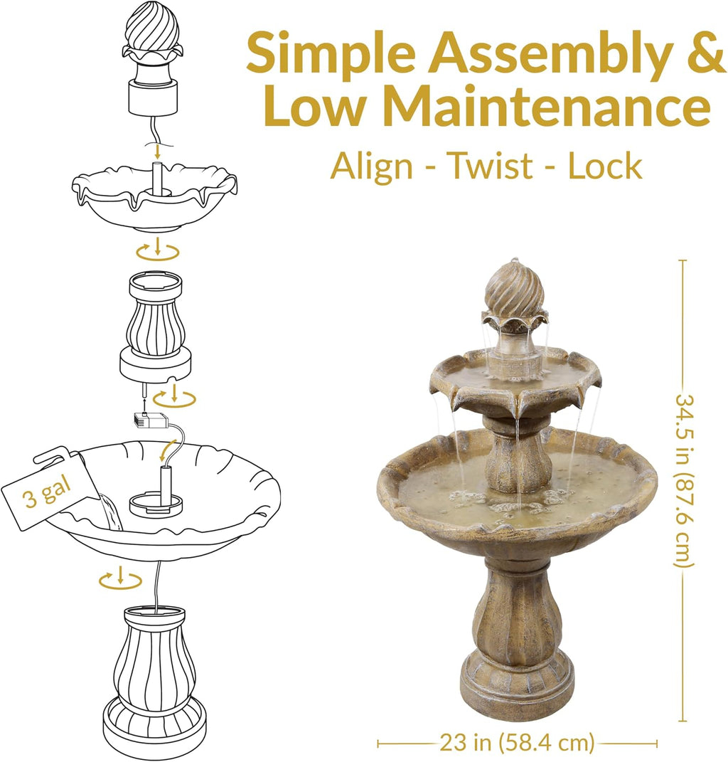 Sunnydaze 35' Solar 2-Tier Outdoor Water Fountain - Garden Water Feature with Battery Backup and Pump - Earth