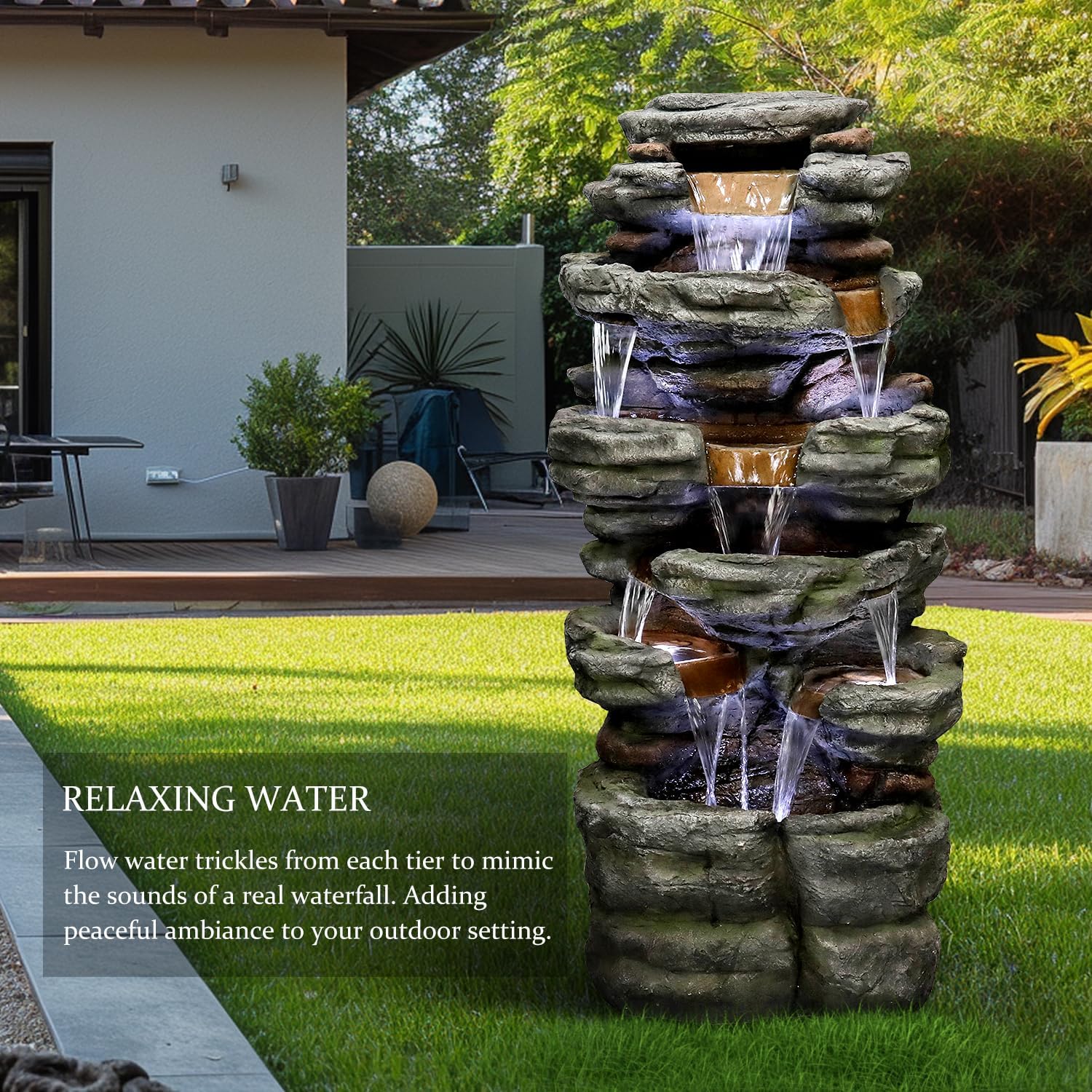 SunJet 47.2' High 6-Tiers Cascading Rock Outdoor Water Fountain with LED Lights - Large Outdoor Fountains and Waterfalls for Garden or Patio, Yard, and Deck Decor, Featuring Natural Stone Look