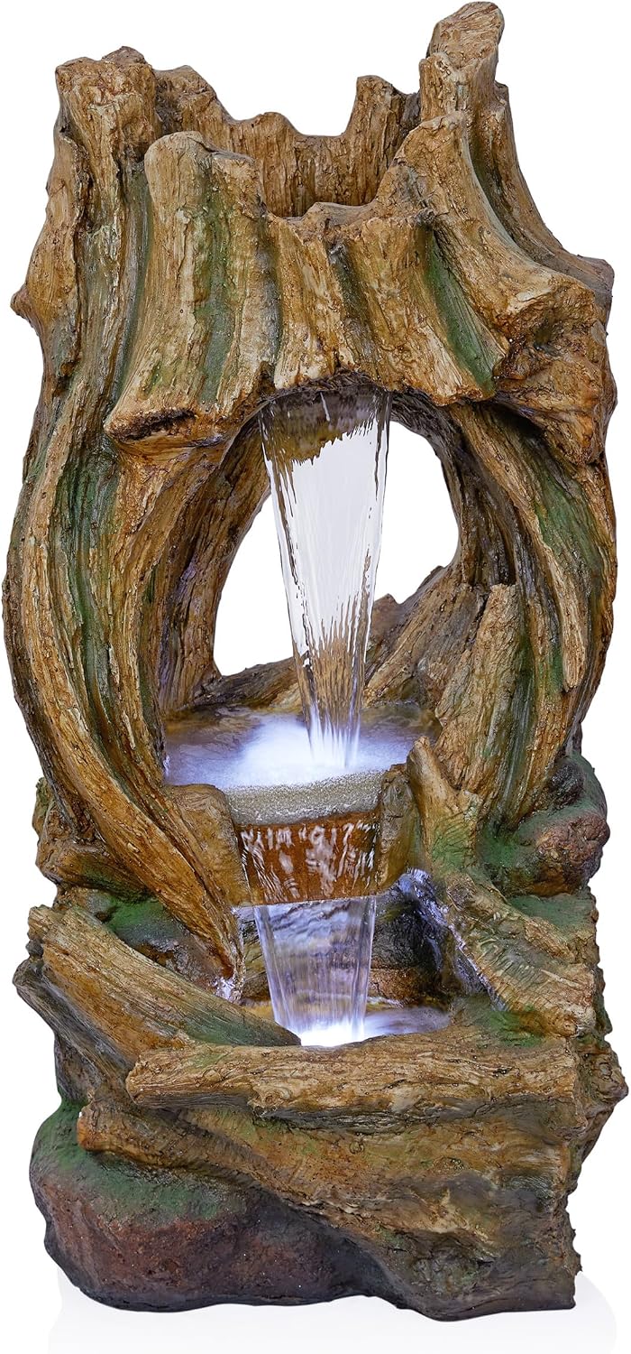 Alpine Corporation 40' Tall Open Tree Trunk Floor Fountain with Cool White LED Lights, Tiered Garden Decor, Brown