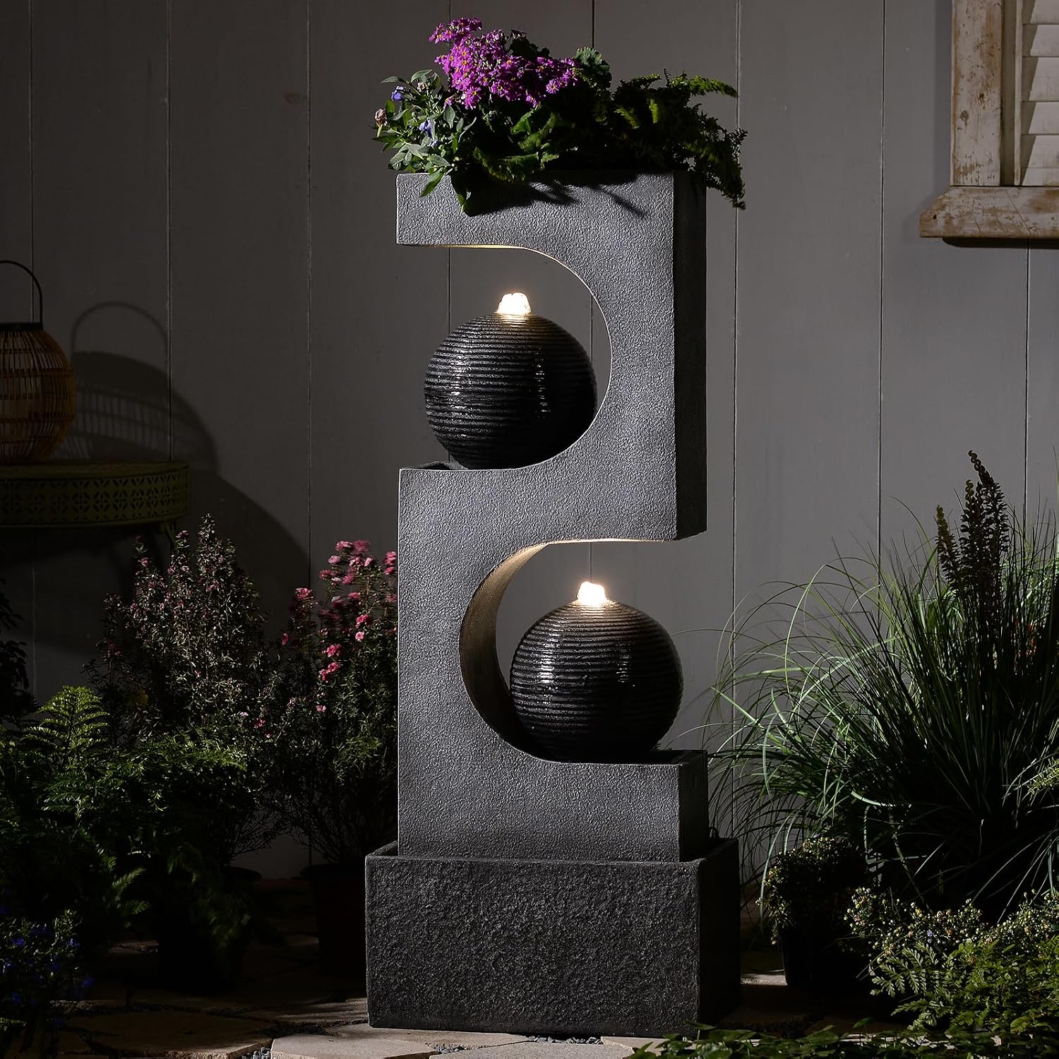 46''Tall Outdoor Water Fountain Water Garden Zen Fountains Indoor with Led Lights,Modern Sphere Curve for Garden Patio Yard Deck Home Decor Lawn Porch House