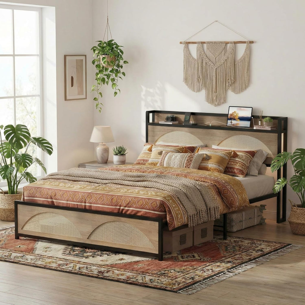 LIKIMIO Rattan Queen Bed Frame with Headboard, LED Lights & Charging Station, Modern Rattan Bedframe, Platform Bed Frame Queen Size, Strong Metal Slat, Noise Free, No Box Spring Needed, Easy Assembly