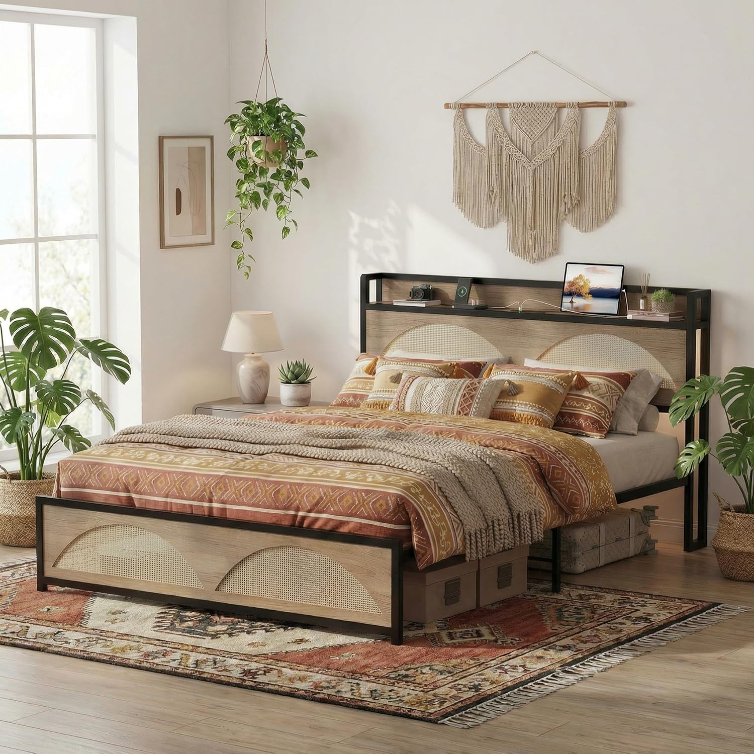LIKIMIO Rattan Queen Bed Frame with Headboard, LED Lights & Charging Station, Modern Rattan Bedframe, Platform Bed Frame Queen Size, Strong Metal Slat, Noise Free, No Box Spring Needed, Easy Assembly