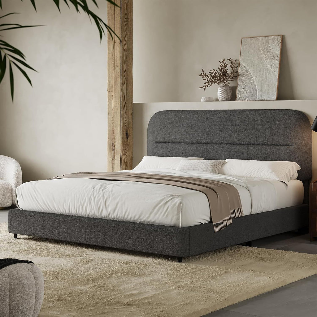 HOMBCK Queen Bed Frame with Headboard, Boucle Upholstered Soft Platform Bed Frame Queen Size with Thickened Footboard, Rounded Corners Design, No Box Spring Required, Easy Assembly, Grey