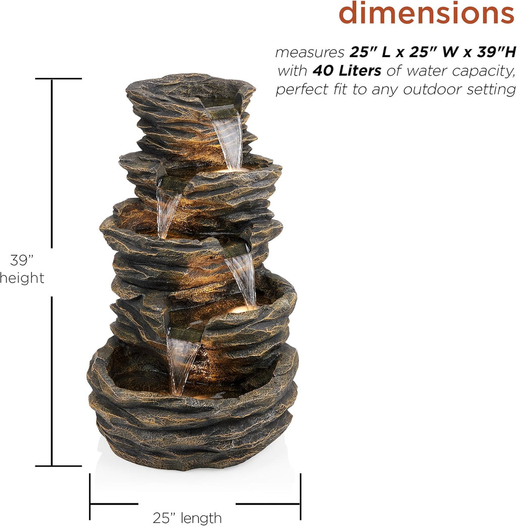 Alpine Corporation 39' Tall Outdoor 5 Tiered Natural Look Rock Water Floor Fountain with Replaceable Lights, Brown