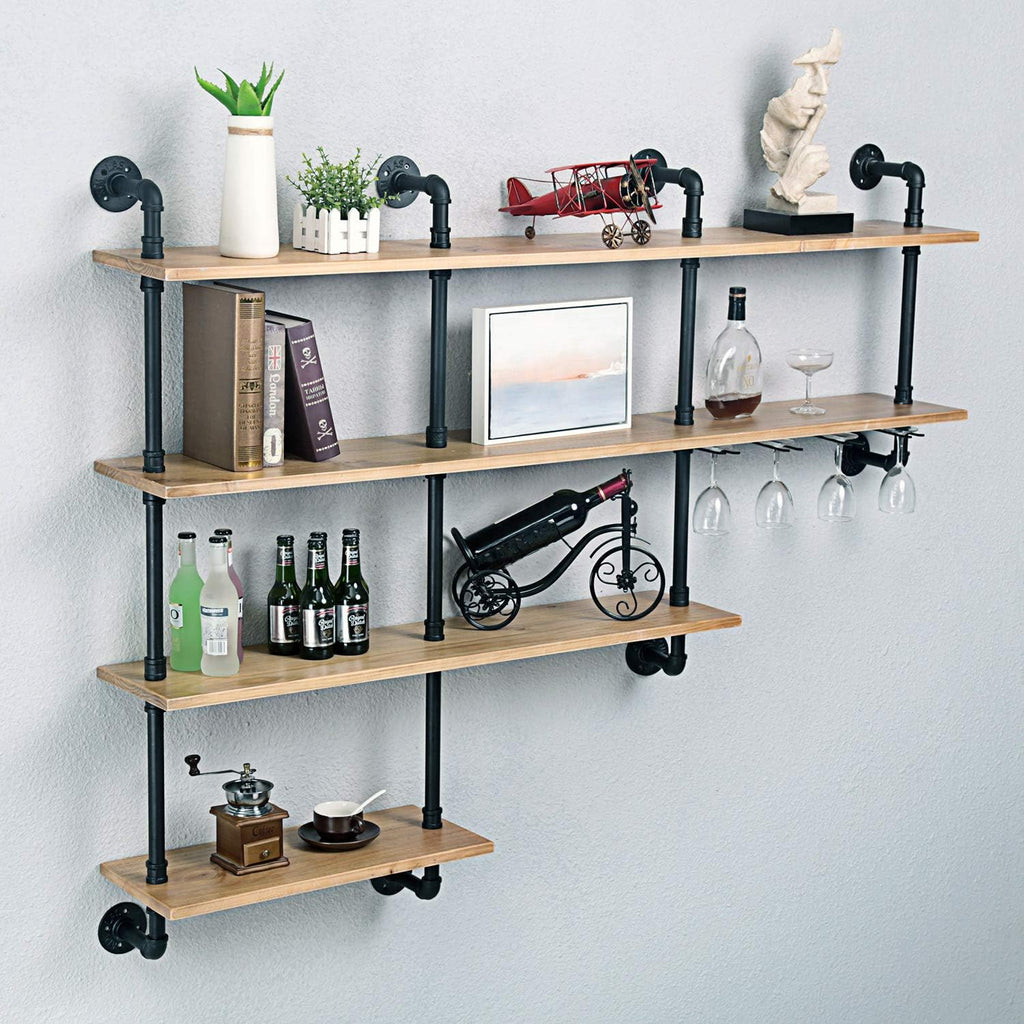 MBQQ 4-Tiers 63inch Industrial Pipe Shelving,Rustic Wooden&Metal Floating Shelves,Home Decor Shelves Wall Mount with Wine Rack,Black