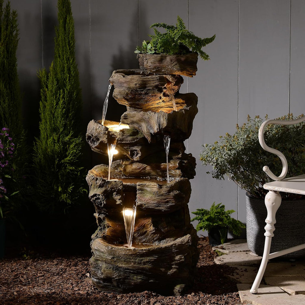 Sunlinua 40' H Outdoor Water Fountain with 5 Tiers Large Cascading Realistic Tree Trunk Waterfall Fountains with LED Lights Outdoor Water Fountain for Garden Patio Backyard Porch Home Decor