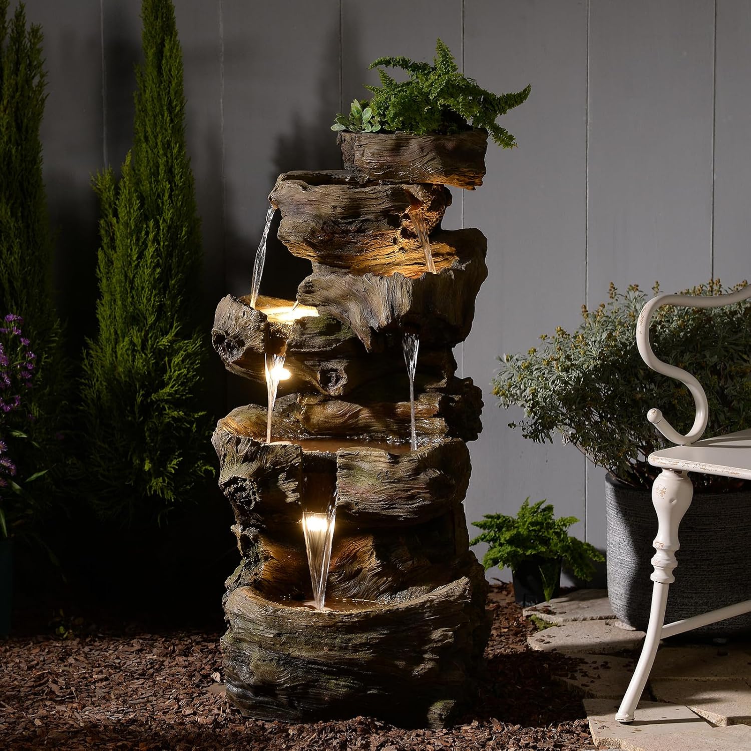 Sunlinua 40' H Outdoor Water Fountain with 5 Tiers Large Cascading Realistic Tree Trunk Waterfall Fountains with LED Lights Outdoor Water Fountain for Garden Patio Backyard Porch Home Decor