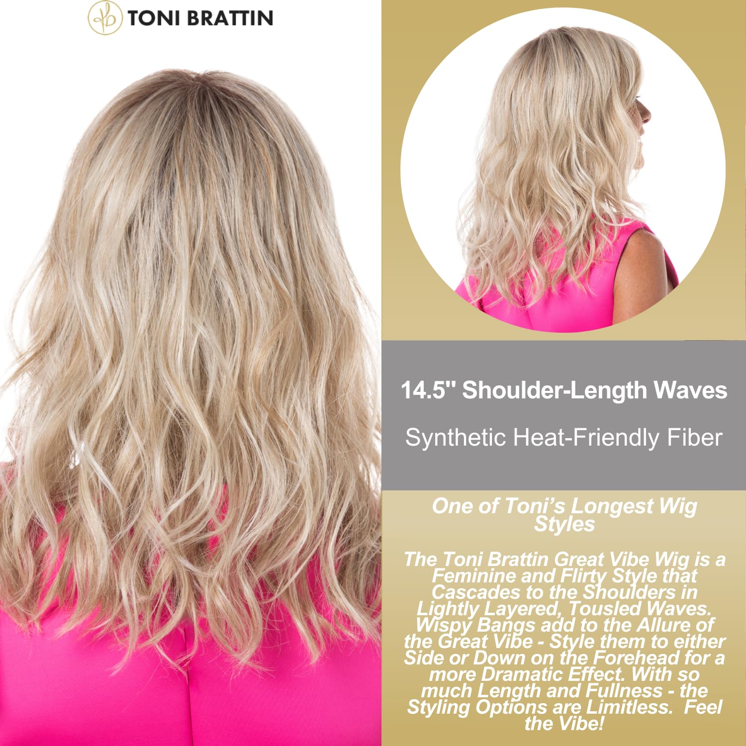 Toni Brattin Great Vibe Wig - Shoulder-Length Cut with Lightly Layered, Cascading Waves & Wispy Bangs - Heat-Friendly Fiber Looks & Feels Natural - Adjustable & Comfortable (Black, Regular)