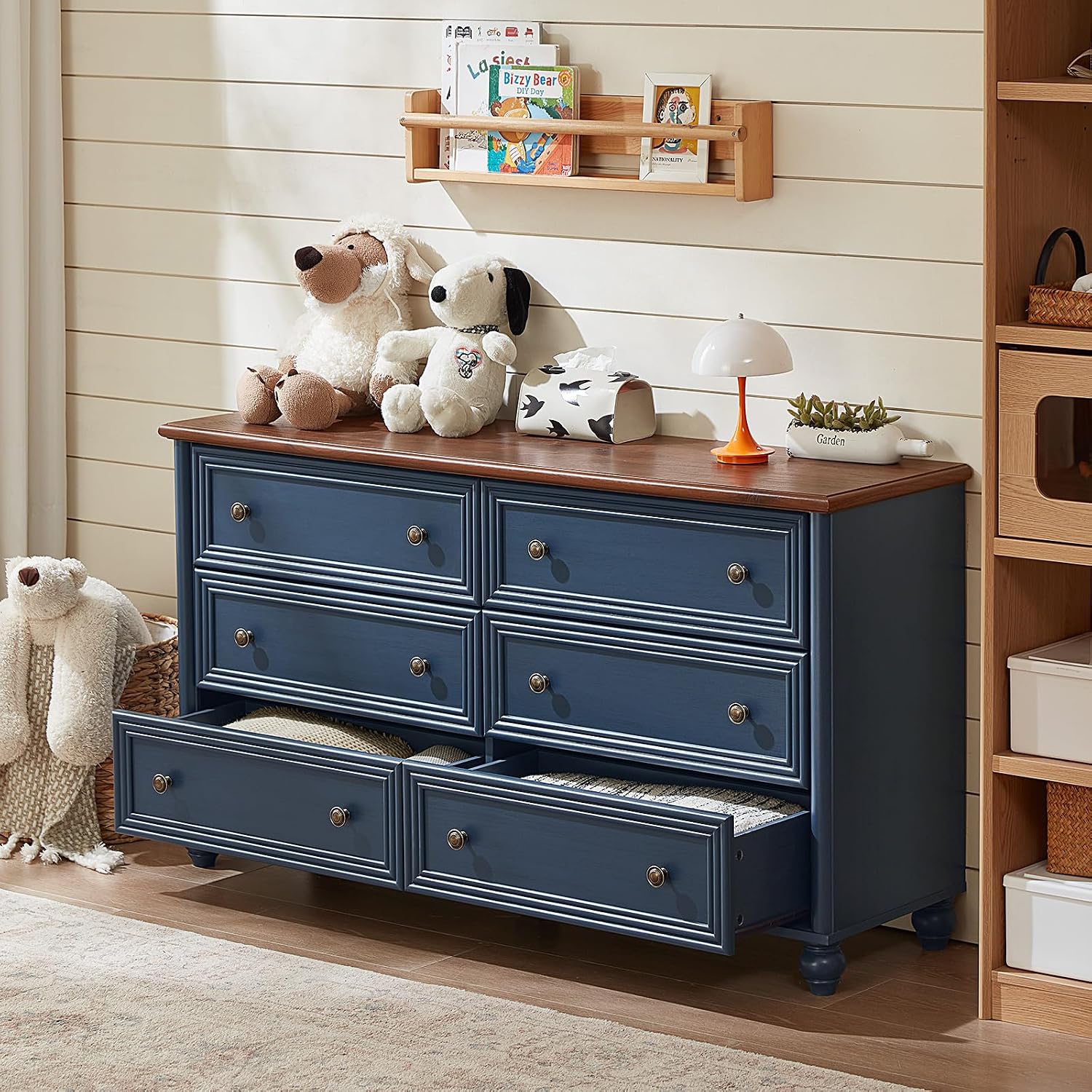 Farmhouse Dressers & Night Stand Set of 3, Wood 54' Wide Dresser & 35.5'Tall Chest of Drawers, 18' Roman Column Nightstand, Bedroom Furniture 6 Drawer Dresser Set for Bedroom Home Living Room Hallway