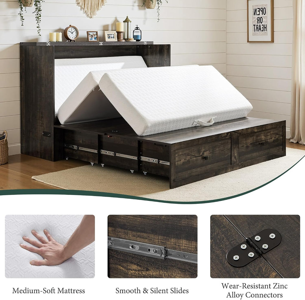 LUXOAK Full Murphy Bed with 6' White Tri-Fold Memory Foam Mattress, Storage Drawer & Charging Station, Space-Saving Design for Home Office or Guest Room, Black Oak