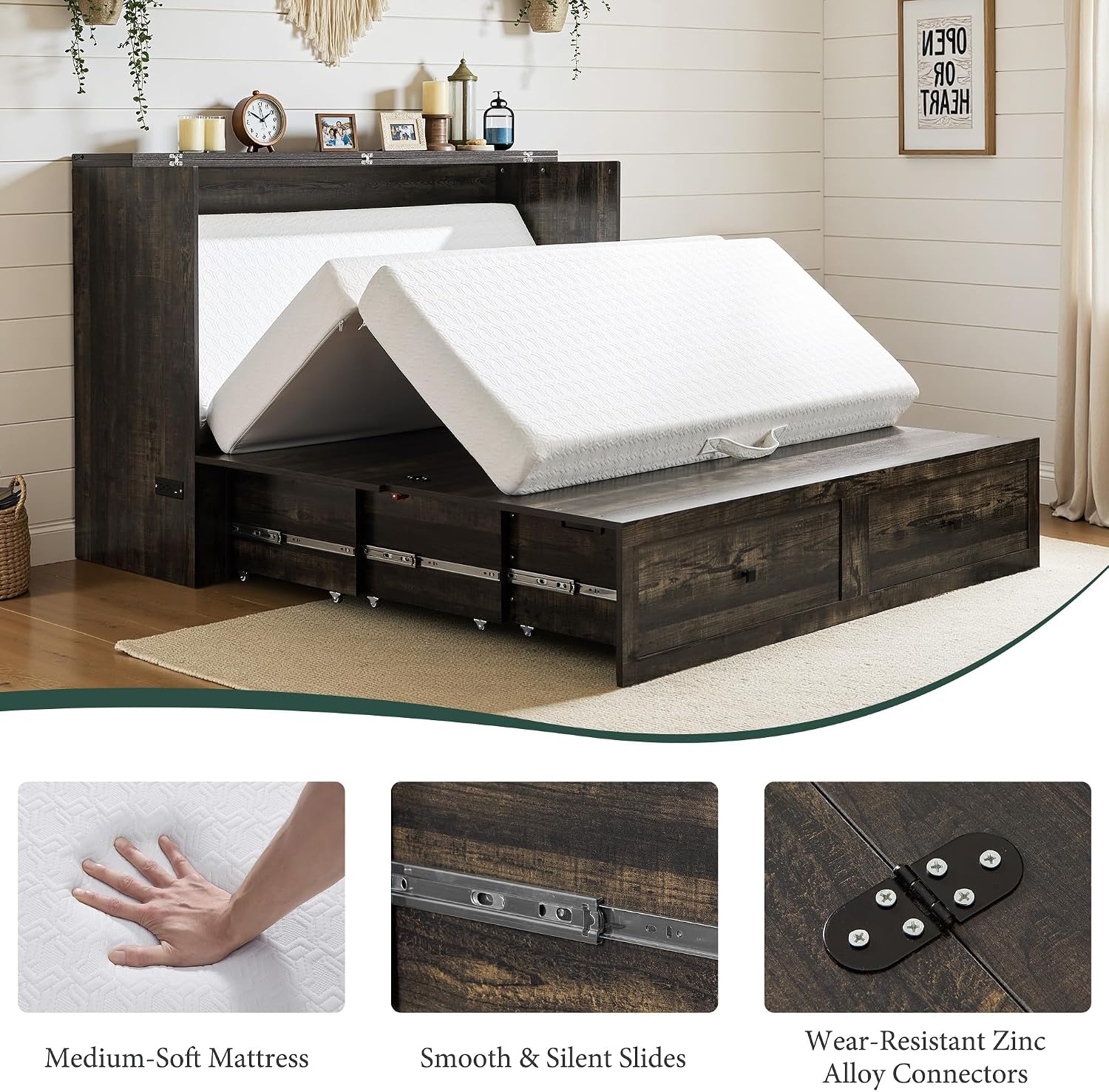 LUXOAK Full Murphy Bed with 6' White Tri-Fold Memory Foam Mattress, Storage Drawer & Charging Station, Space-Saving Design for Home Office or Guest Room, Black Oak