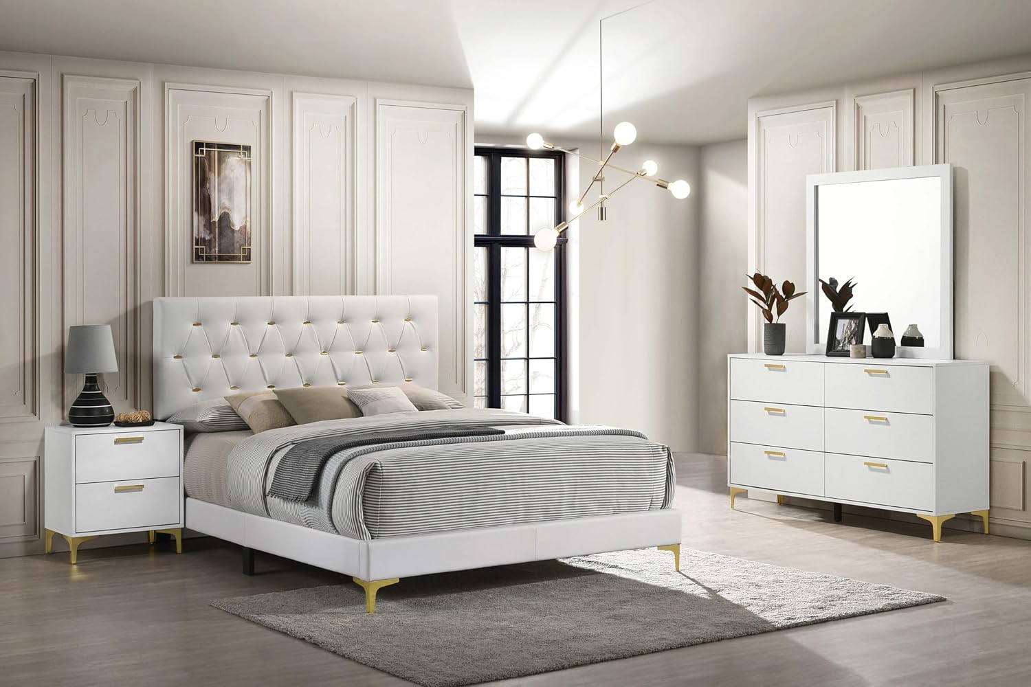 Coaster Home Furnishings Kendall 4-piece Modern Bedroom Set Queen Size Upholstered Tufted Bed Frame Velvet Upholstery Nightstand Dresser and Mirror White 224401Q-S4