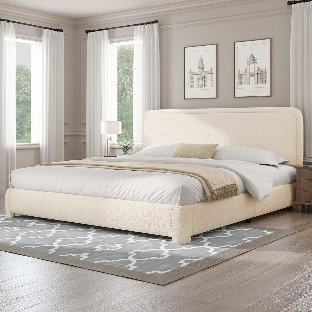 BarnFurin Boucle Upholstered California King Bed Frame/Soft Rounded Corners Headboard/Low Profile Bed Frame/No Box Spring Needed/Non-Slip and Noise-Free/Cream