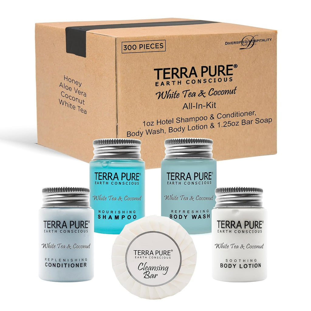 Terra Pure White Tea and Coconut | 300 pcs 1oz Shampoo and Conditioner, Body Wash, Lotion, 1.25oz Cleansing Bar and 100 pcs Bar Soap