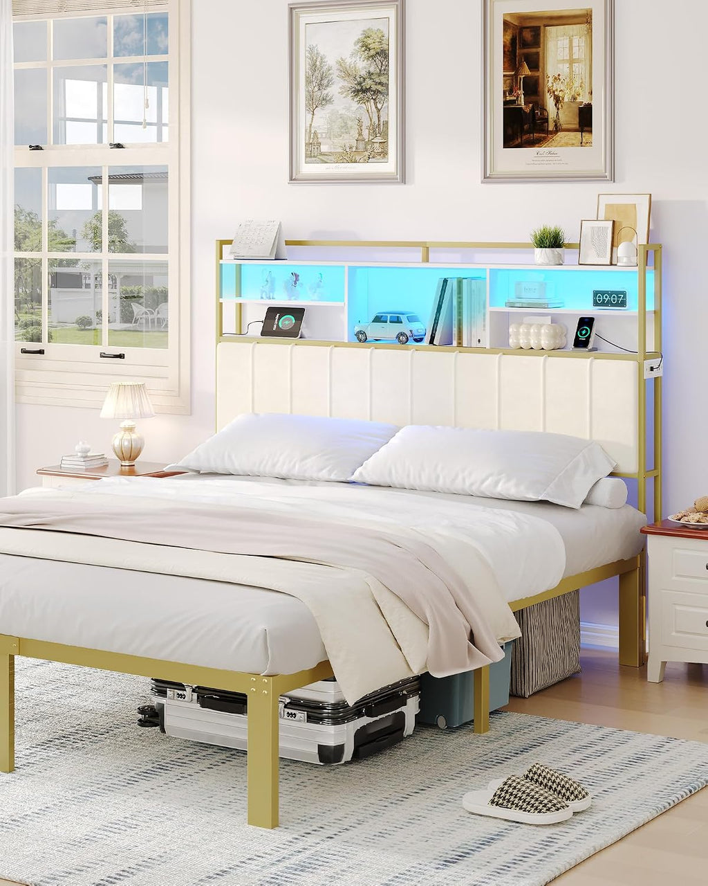 Hzuaneri Headboard with 3-Tier Storage Shelves, Velvet Upholstered Head Board with 2 Outlets, USB Ports & LED Light, Soft Backrest for King Size Bed, White and Gold BH19403A