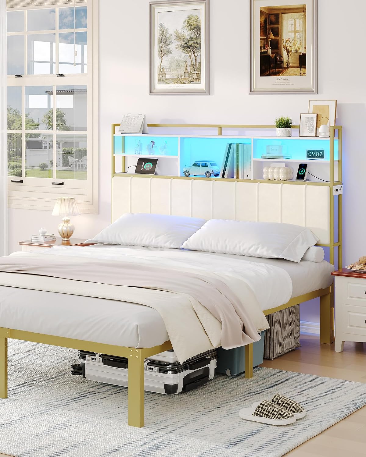 Hzuaneri Headboard with 3-Tier Storage Shelves, Velvet Upholstered Head Board with 2 Outlets, USB Ports & LED Light, Soft Backrest for King Size Bed, White and Gold BH19403A