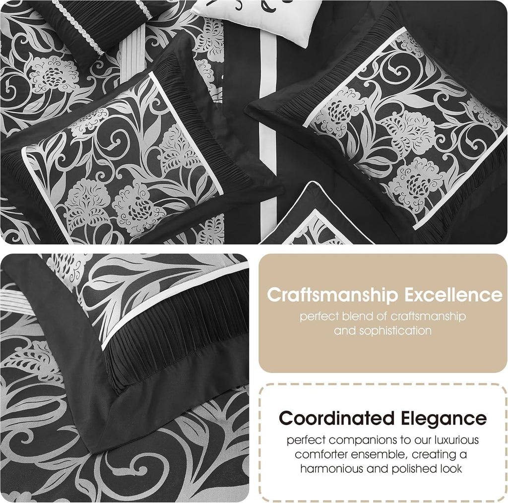 Stratford Park 7 Piece Black Sliver Comforter Set, King Size Jacquard Floral Bedding Set, All Season, Ultra-Soft, Matching Pillows & Shams, Bed Skirt