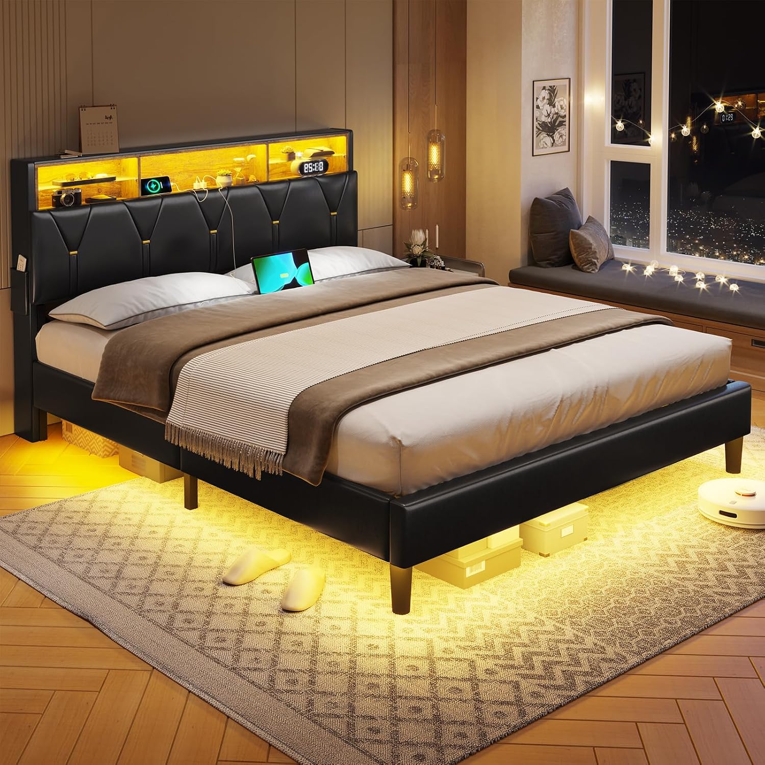BTHFST Queen Bed Frame with LED Lights & Charging Station,LED Bed Frame Queen Size with Storage Shelf Headboard,Faux Leather Upholstered Bed, Black PU