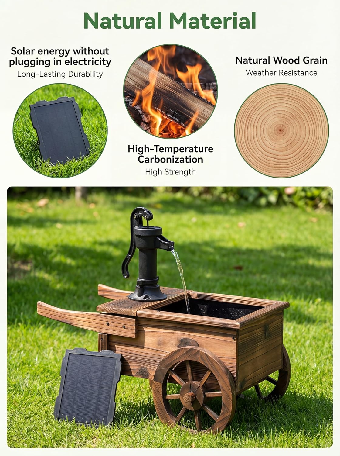 Carbonized Wood Outdoor Freestanding Fountain - Movable Vintage Hand Pump Cart, Solar-Powered Electric Decorative Water Feature for Patio, Garden & Indoor Decoration