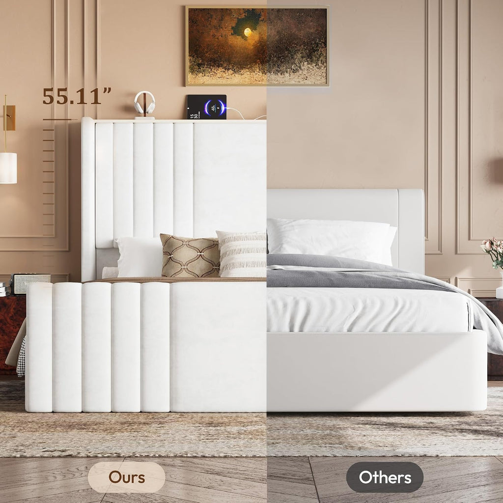 Queen Bed Frame with 55.1' Tall Headboard, Velvet Upholstered Platform Bed with Channel Tufted Wingback, 2 Reading Lights/Storage Shelf/Charging Station/Easy Assembly/Noise-Free, Cream