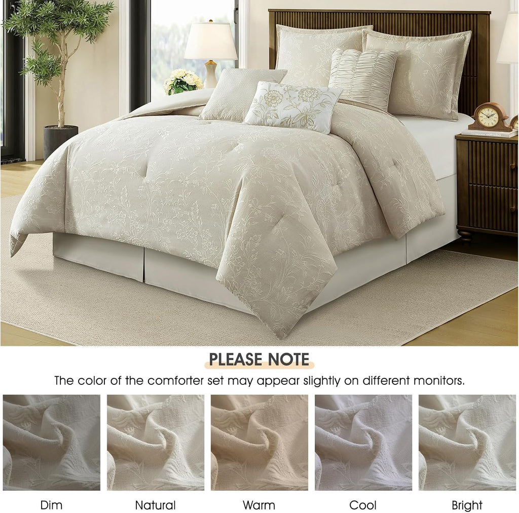 LANCO MODERN LIFESTYLE 7 Piece Beige Comforter Set, Queen, Cotton Fabric Jacquard Patchwork Floral, Year-Round Comfort Bed in a Bag with Bed Skirt, Shams & Decorative Pillows
