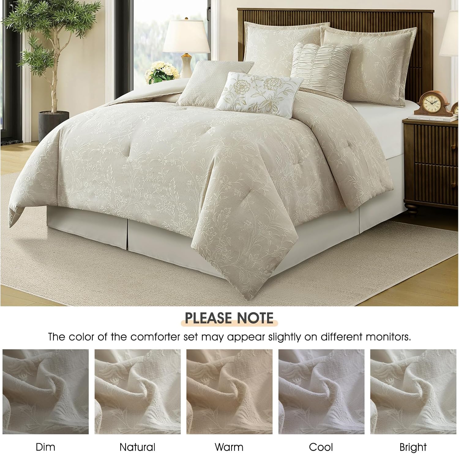 LANCO MODERN LIFESTYLE 7 Piece Beige Comforter Set, Queen, Cotton Fabric Jacquard Patchwork Floral, Year-Round Comfort Bed in a Bag with Bed Skirt, Shams & Decorative Pillows