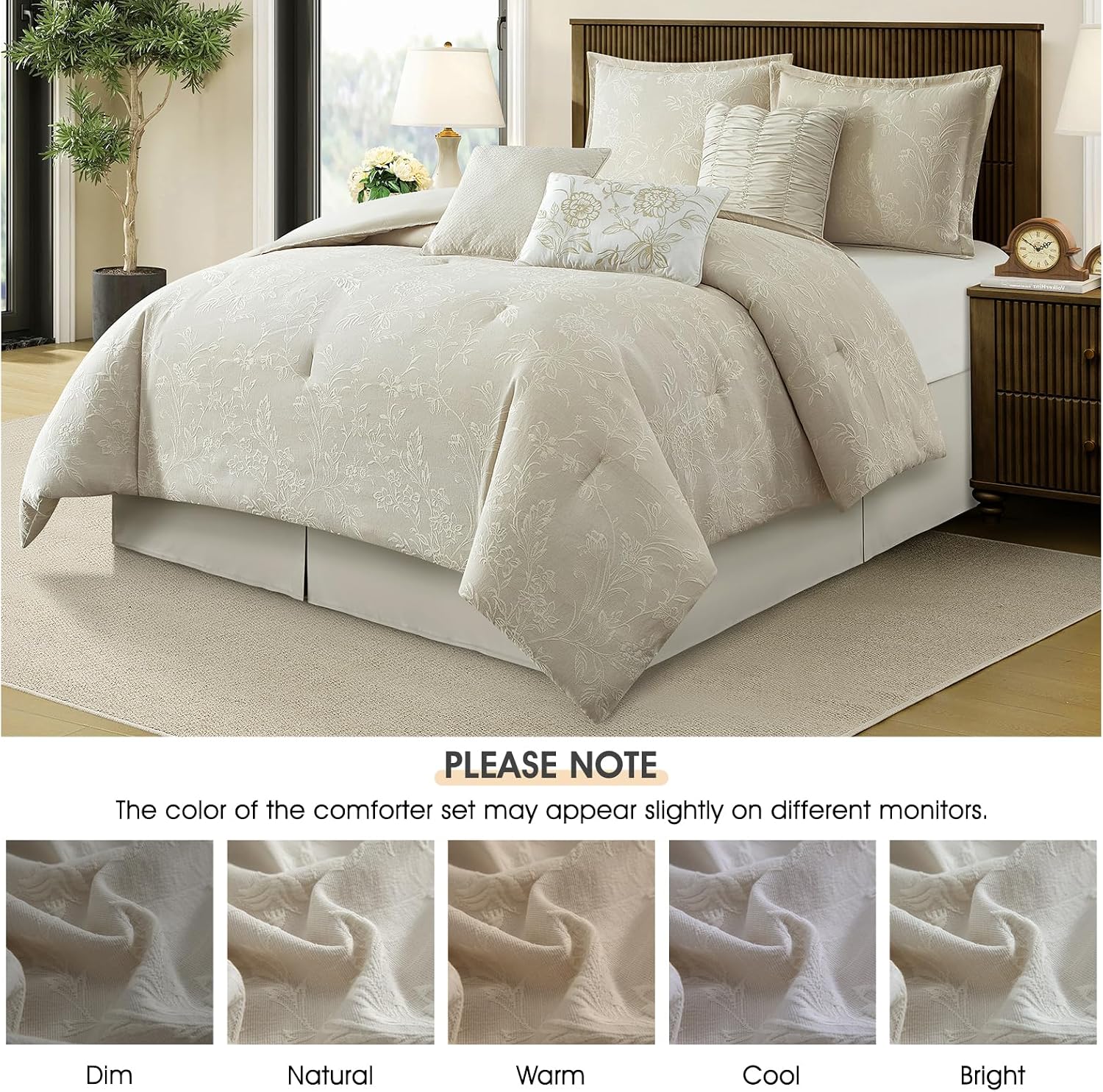LANCO MODERN LIFESTYLE 7 Piece Beige Comforter Set, California King, Cotton Fabric Jacquard Patchwork Floral, Year-Round Comfort Bed in a Bag with Bed Skirt, Shams & Decorative Pillows