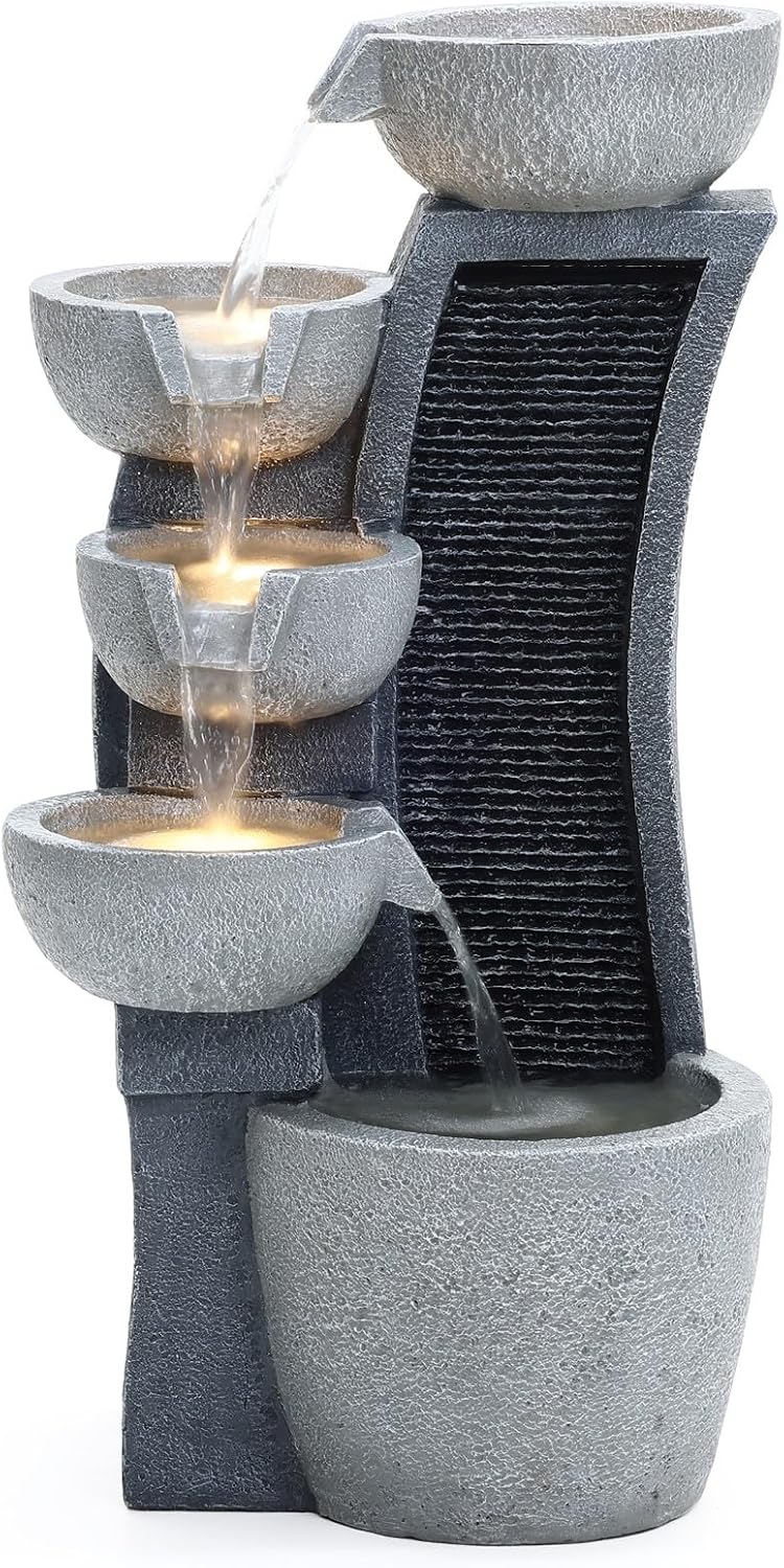 LuxenHome Water Fountain Outdoor, 26 Inch Resin Cascading Bowl Water Fountains Indoor with LED Lights, Modern Garden Decor, Small Waterfall Fountain, Outdoor Fountains and Waterfalls Garden Decor