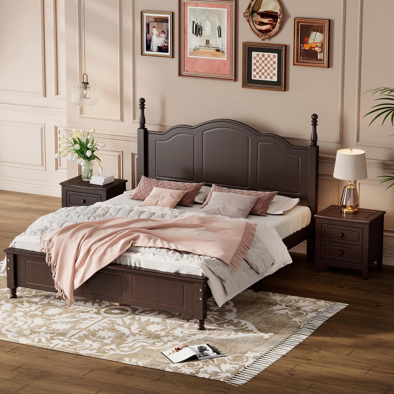VilroCaz Retro Design 3-Pieces Bedroom Sets, Queen Size Wood Platform Bed and 2 Nightstands with 2 Drawers and Sturdy Slats Support for Adults Bedroom (Queen, Dark Walnut)