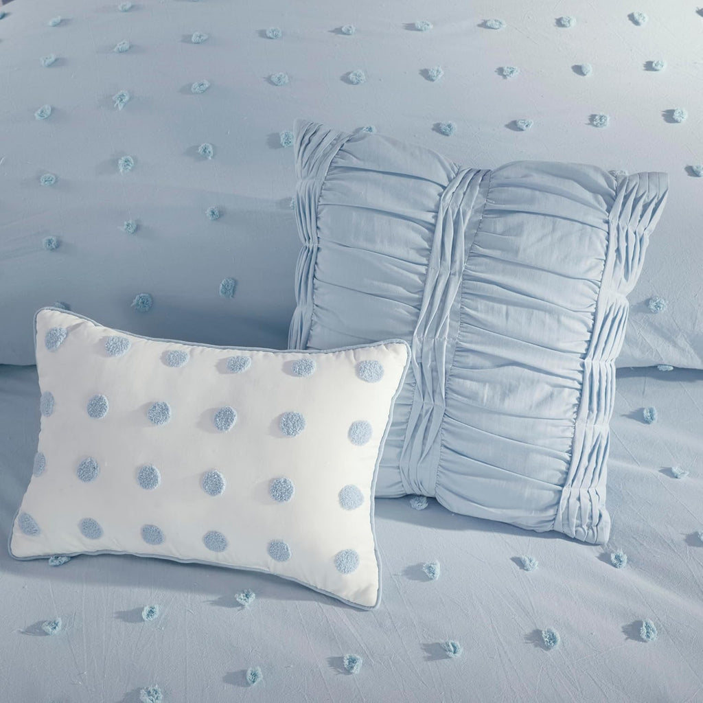 Intelligent Design Cotton Comforter Set - Jacquard Tufts Pompom Design All Season Bedding, Matching Shams, Decorative Pillows, Full/Queen (88 in x 92 in), Blue 7 Piece