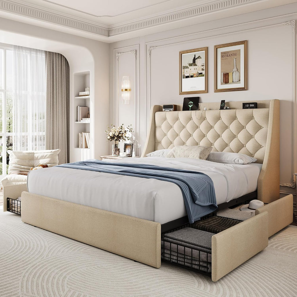 Queen Size Upholstered Platform Bed Frame with 4 Storage Drawers and Charging Station, Linen Button Tufted Wingback Headboard, Sturdy Wooden Support Slats, No Box Spring Needed, Beige