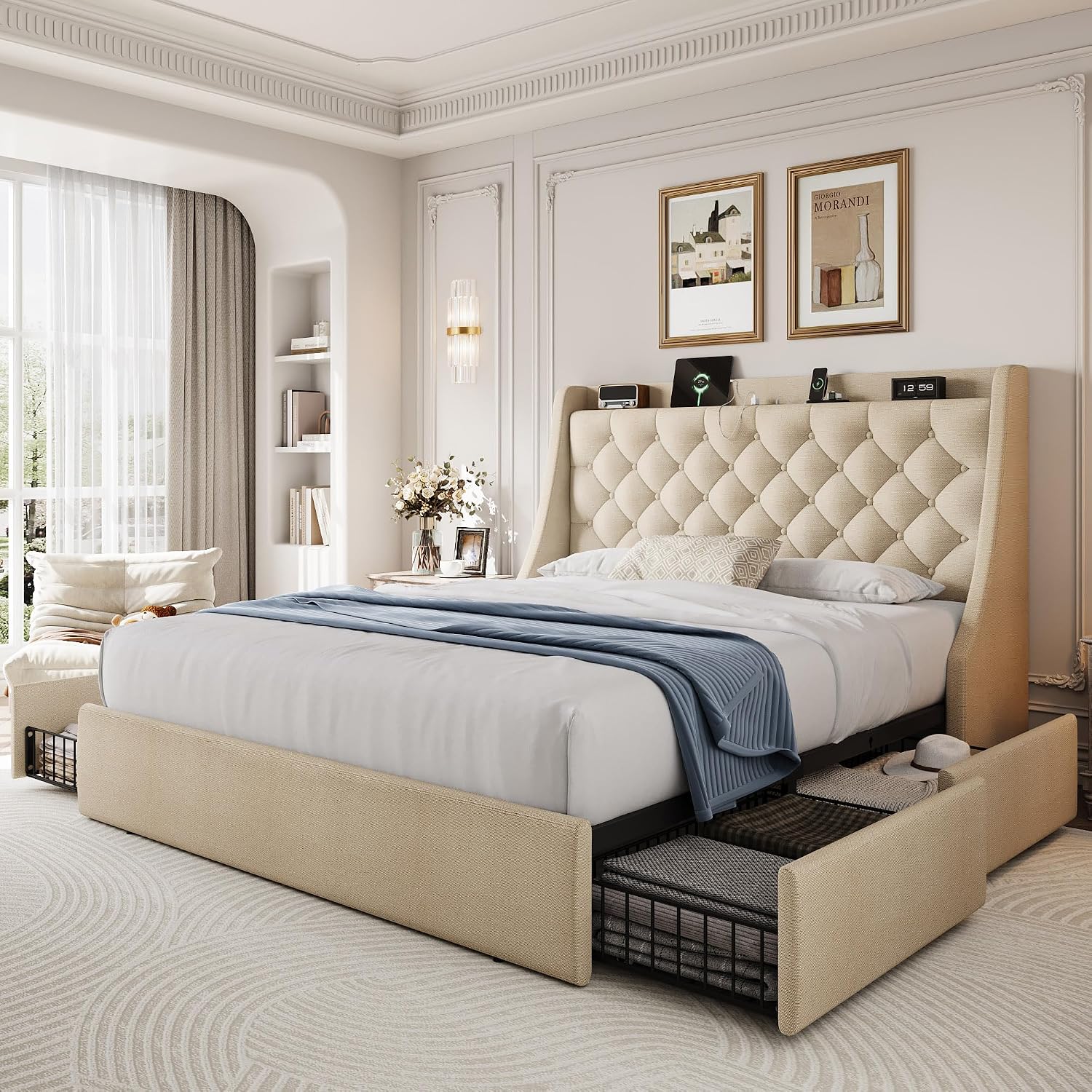 Queen Size Upholstered Platform Bed Frame with 4 Storage Drawers and Charging Station, Linen Button Tufted Wingback Headboard, Sturdy Wooden Support Slats, No Box Spring Needed, Beige