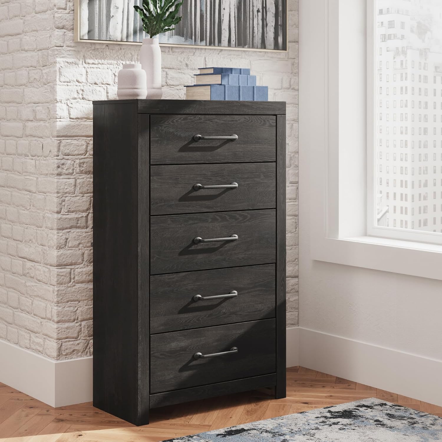 Signature Design by Ashley Delmorta Rustic 5-Drawer Chest of Drawers with Safety Stop, Gray
