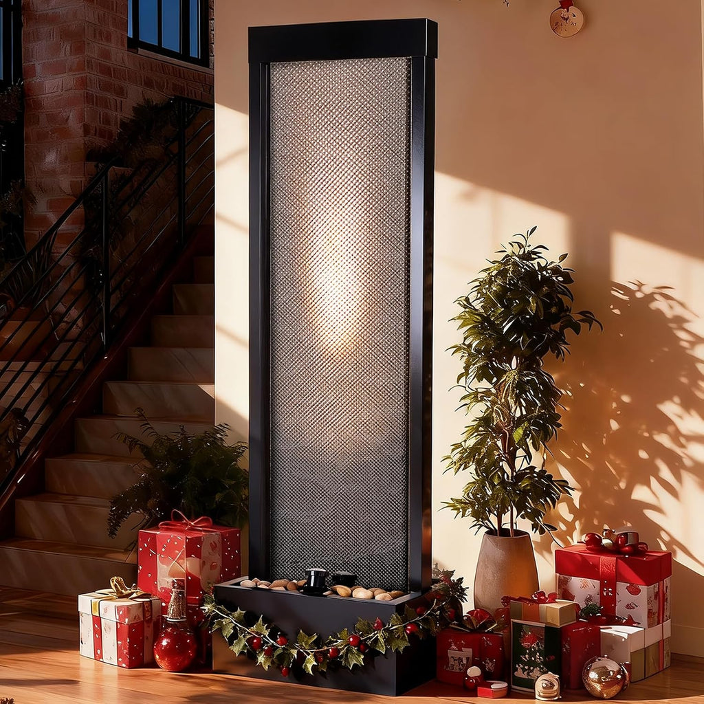 Jocoevol Mesh Panel Waterfall Fountain, Large Indoor Water Feature with Stones & Light, 63.4' Floor Standing Water Wall for Home Decor, Living Room, Patio, Outdoor Garden