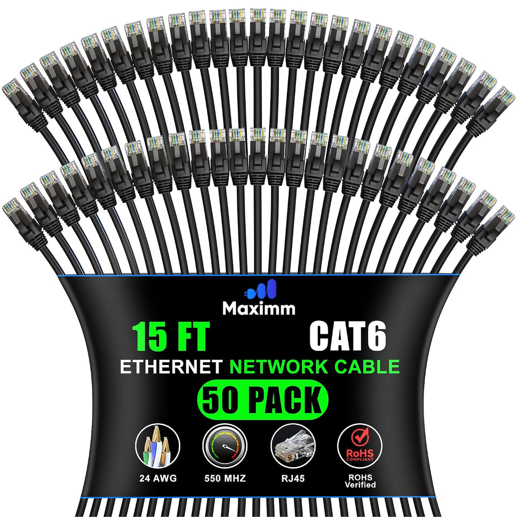 Maximm Cat 6 Ethernet Cable - 15 ft (50-Pack) - High-Speed LAN, Internet, Patch, and Network Cable - UTP, 10Gbps, 550MHz Ethernet Cord - Black