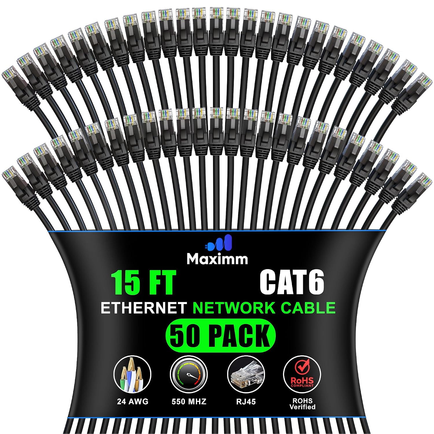 Maximm Cat 6 Ethernet Cable - 15 ft (50-Pack) - High-Speed LAN, Internet, Patch, and Network Cable - UTP, 10Gbps, 550MHz Ethernet Cord - Black
