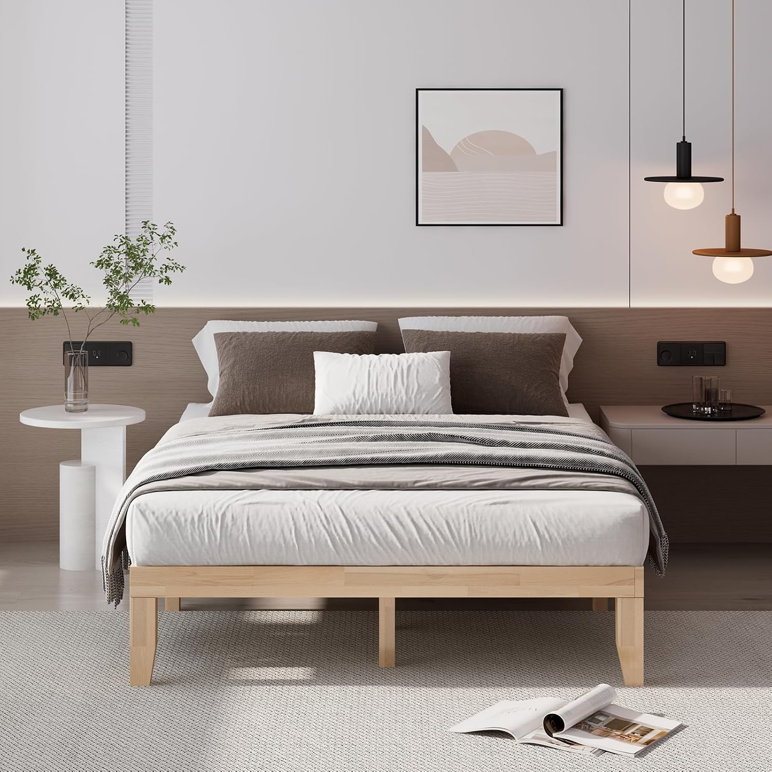 Giantex 14 Inch Queen Wood Platform Bed Frame, Minimalist Mattress Foundation with Solid Rubber Wood, Heavy Duty Slat Support, Without Headboard, Easy Assembly, No Box Spring Needed, Natural
