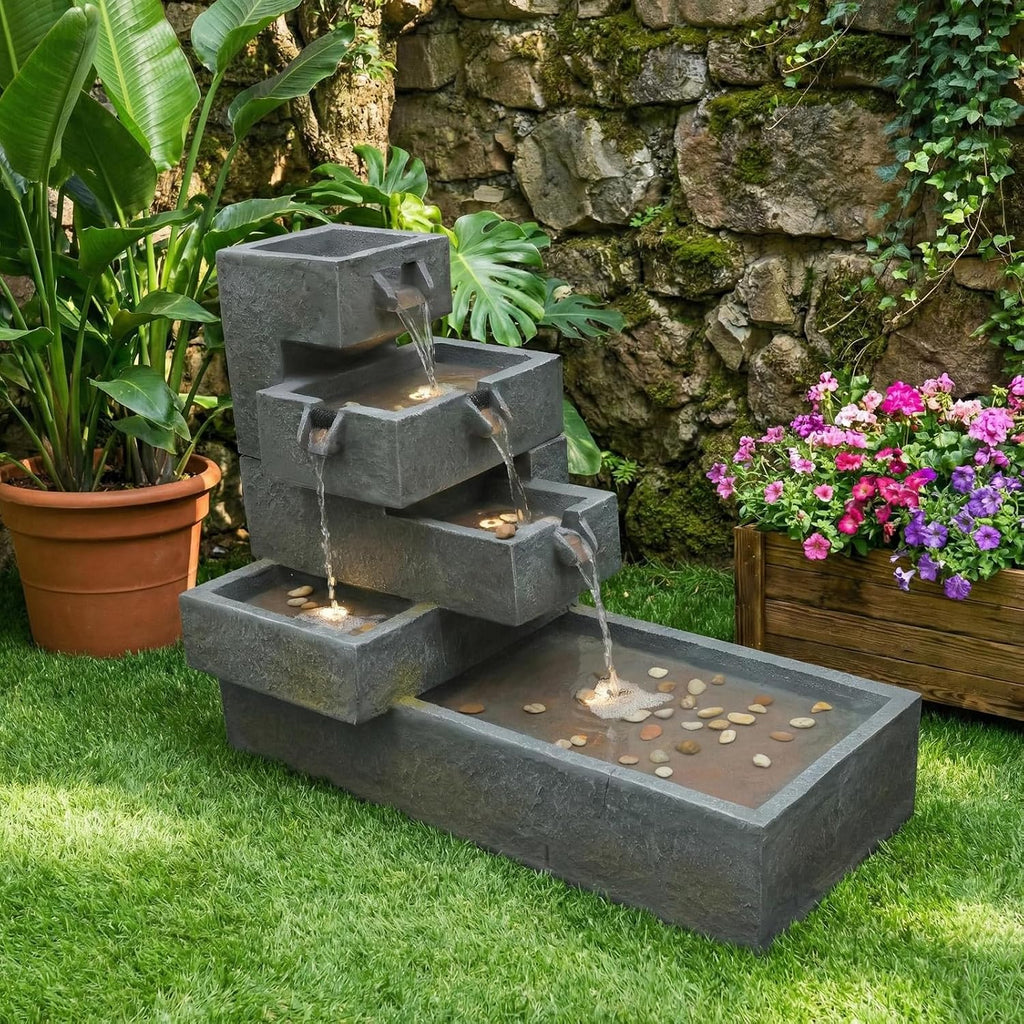 Sunlinua 26' H Outdoor Water Fountain with 4 Tiers Cascading Rock Texture Waterfall Fountains with LED Lights Outdoor Water Fountain for Garden Patio Backyard Porch Home Decor