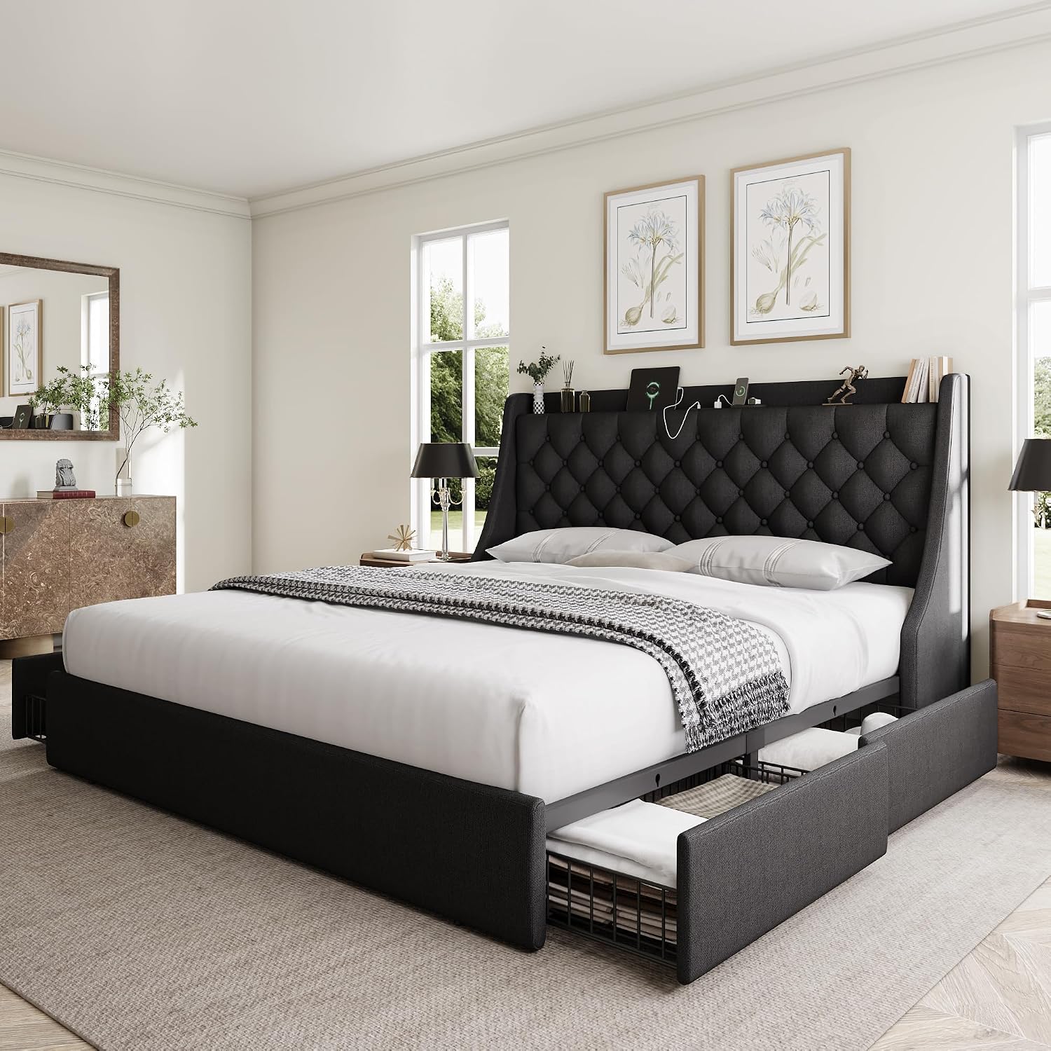 GalnFu King Size Bed Frame with 4 Storage Drawers, Giant Upholstered Wingback Headboard, Fast Charging Station, No Box Spring Needed, Noise-Free, Black