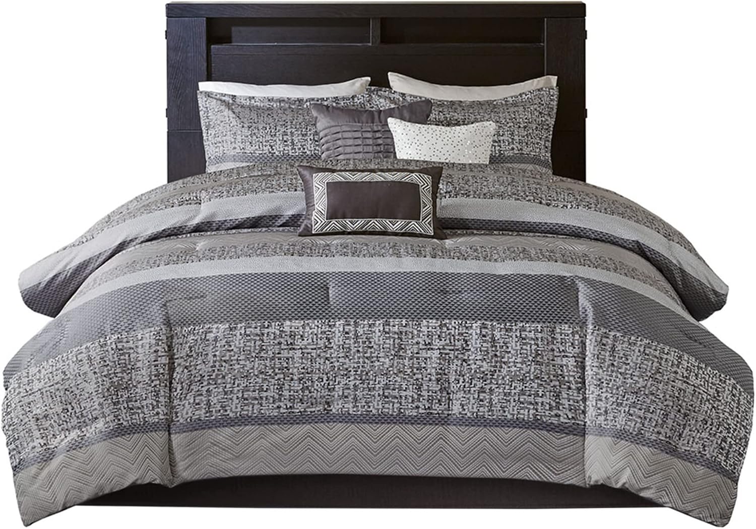 Madison Park Luxury Comforter Set-Traditional Jacquard Design All Season Down Alternative Bedding, Matching Bedskirt, Decorative Pillows, Cal King(104'x92'), Rhapsody, Striped Grey/Taupe 7 Piece