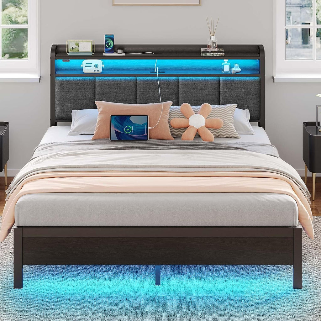 Rolanstar Queen Bed Frame with LED Lights, Upholstered Headboard, Charging Station, Storage Shelves, Heavy Duty Metal Slats, No Box Spring Needed, Noise Free, Easy Assembly, Dark Grey