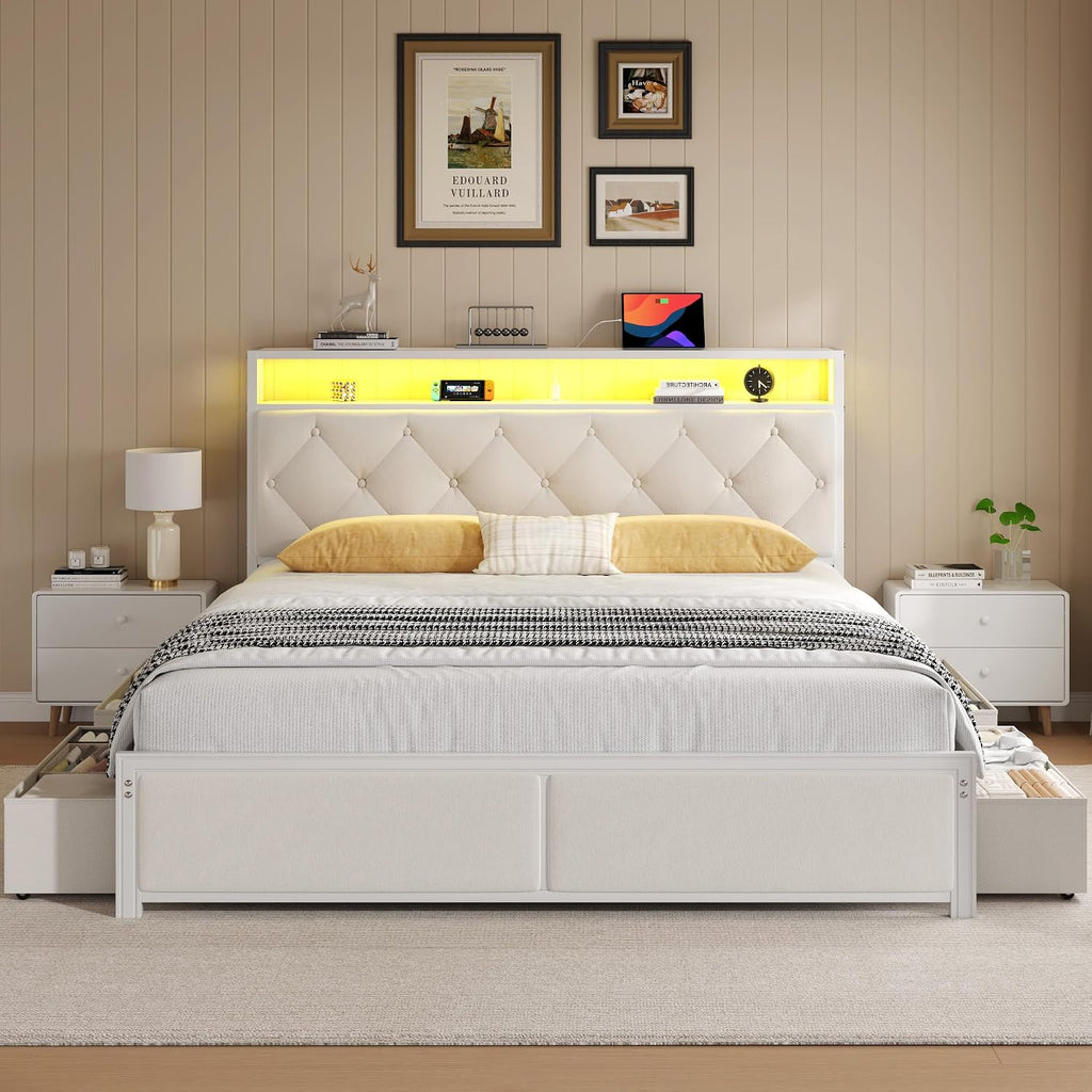 Fluest Queen Bed Frame with Headboard, Storage Drawers, Fast Charging Station, Led Lights, Bed Frame Queen Size with Fabric Drawers, Metal Structure, No Box Spring Needed, Easy Assembly, Beige